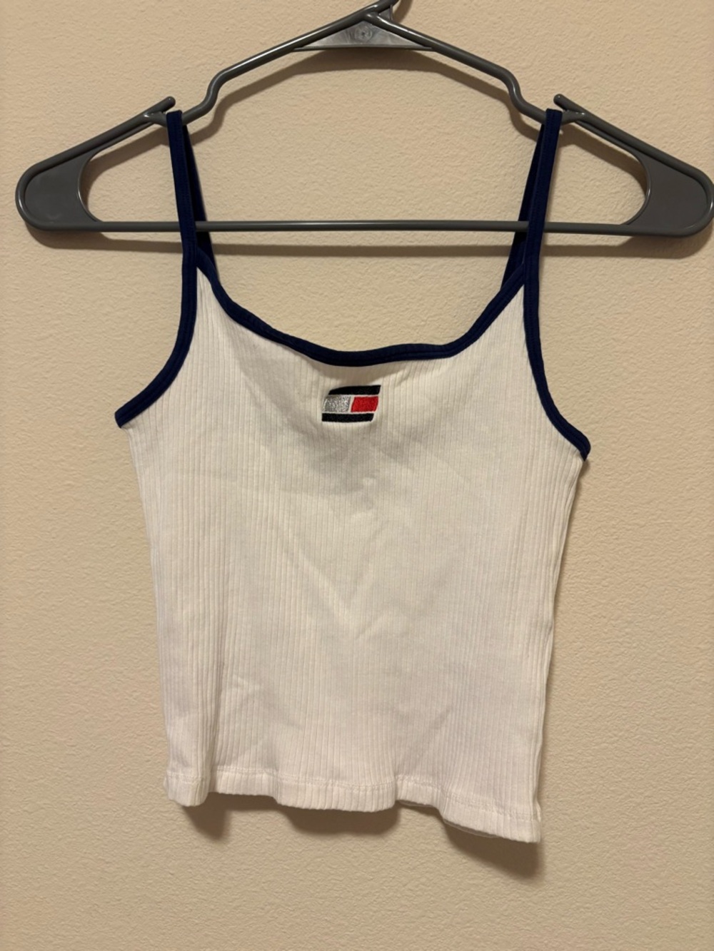 Tommy Hilfiger White Ribbed Tank with Navy Trim and Logo
